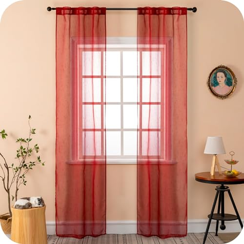 GIRASOLE HOME Coppia Tende Voile Trasparenti Effetto Lino Tenda per Soggiorno Camera Cameretta Balcone Finestra e Interni 2 Pannelli con Tasca (Rosso, 70x240cm)