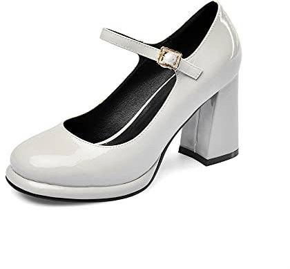 TinaCus Damen Lack Leder Rouns Toe Handmade Schnalle Gürtel High Chunky Heel Trendy Pumps Schuhe, grau, 42 EU