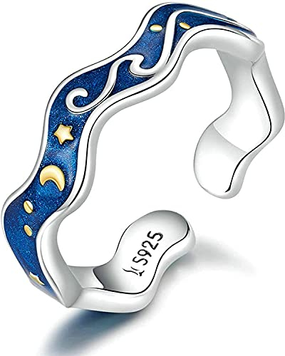 925 Sterling Silber Sternenhimmel Blau Ring für Frauen Hochzeit Verlobung Einstellbare Ringe Schmuck, C-F