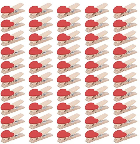 50 mini mollette in legno, piccole mollette con cuore rosso per esposizione di foto di carta, decorazioni per feste di matrimonio