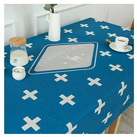 EHOMERY Linge De Table Nappe Ovale Nappes Rectangulaires Anti Taches Noel Cerf Forêt Et Croix Tables Toile Ciree Carreaux Ciment Bleu Gris Décoration Protection 140X180Cm