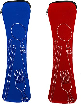 Norhogo 2-teilige Bestecktasche, tragbare Bestecktasche mit Reißverschluss, Neopren, für Reise, Camping, Picknick, Schule, Mittagessen, Blau/Rot (24 x 6 cm)