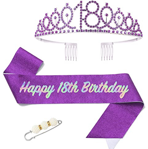 POPOYU 18. Geburtstag Tiara und Schärpe für Mädchen, Lila Krone mit Glitzerstoff und Strasssteinen, Legierung, 165,1 cm lang, Geburtstagsgeschenk und Partyzubehör