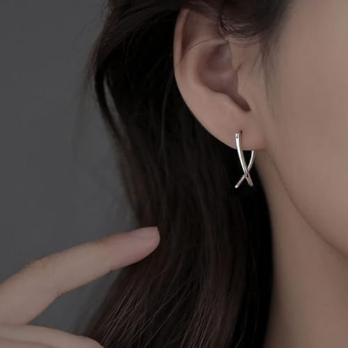 OVNMFH Simple Line Earrings, S925 Sterling Silver Women's Crossover Earrings, Double Curved Bar Geometric Stud Earrings Jewelry for Women