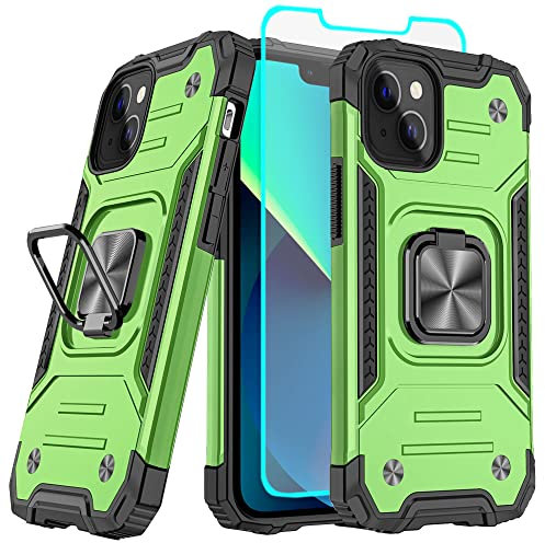 Apple iPhone 13/14 Case with Screen Protector, 360°Military Grade Rotatable Kickstand Hard Rubber Bumper [Shockproof] Protective Cover (Green)