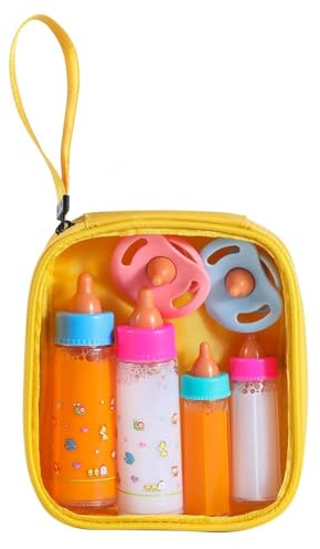 Kaydora Baby Doll Bottle Accessories - 6 Pcs Feeding Bottle Toys, Magic Disappearing Milk & Juice, Pretend Play Set with Pacifiers Kids Gift Yellow