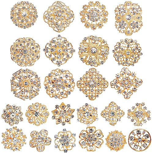 Hiceeden 24 Stück Gold Kristall Broschen für Frauen, Strass Broschen und Pins Blume Brosche für Kunsthandwerk, Diamant-Pins für Blumen Hochzeit Bouquet Pins Set