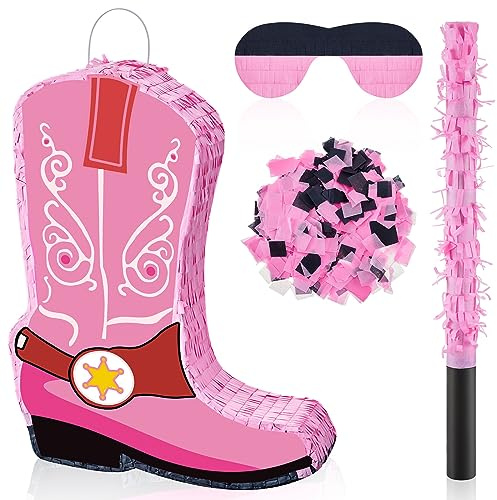 Western-Cowboystiefel, Pinata, Western-Cowboy, Partygeschenke, Cowboy-Thema, Geburtstagsparty-Dekorationen mit Augenbinde und Konfetti für Foto-Requisiten, Süßigkeitenhalter und Partyzubehör (Rosa)