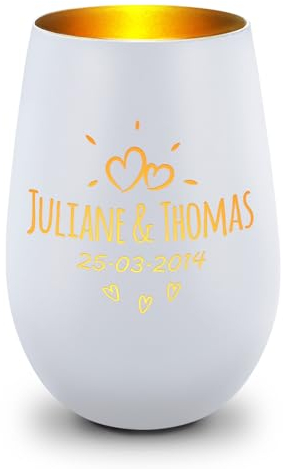 GRAVURZEILE Deko Windlicht aus Glas mit Gravur - Sunshine - Personalisiert mit Namen & Datum - Persönliches Geschenke für Frauen und Männer zur Hochzeit Verlobung und Geburtstag - Weiß/Gold
