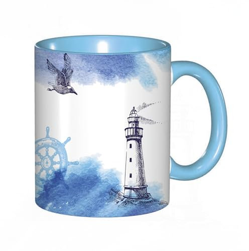 Kaffeebecher Mug,Meerblick-Leuchtturm am Horizont mit einer Möwe. Vektorillustration,kaffeebecher porzellan, tasse Füllmenge 330 ml - sehr interessante bedruckte Teetassen
