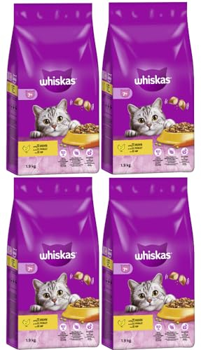 WHISKAS 7+ mit Huhn Katzenfutter Trockenfutter (4x1,9kg, Huhn)