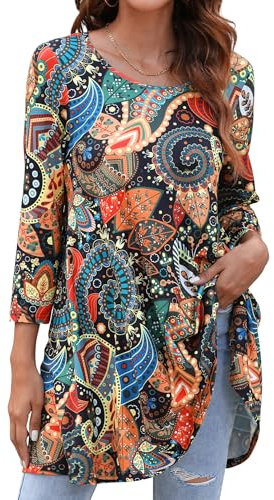 Enmain Tunic Top for Women Long Sleeve Casual V Round Neck T Shirt Ladies Floral Printe Longline Shirts Loose Blouse Tops for Autunm Plus Size 5XL Brown