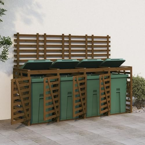 heybb Quadruple Wheelie Bin Storage Honey Brown Solid Wood Pine,Garden Wheelie Bin Hideaway Waste Bin,Storage Shed w/Locking Doors Assisted lift up Lid easy use Outdoor Hygienic Dustbin Unit Cover Ste