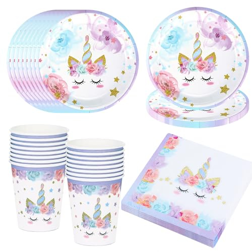 Bikasun Einhorn Partygeschirr Set, 16 Gäste Einhorn Teller Set, Einhorn Geburtstag Geschirr, Kindergeburtstag Teller Becher Servietten Pappteller Party Deko