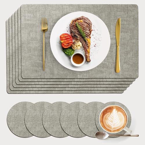 TaoTazon Platzsets Abwaschbar 6er Set, Tischsets Abwaschbar, Wasserdicht Platzdeckchen, rutschfest Leder Tischuntersetzer, Hellgrau