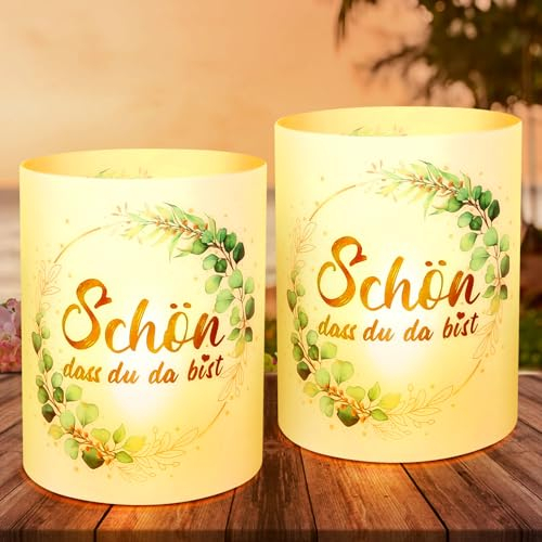 LOHAME 12 STK Windlicht Tischdeko Schön DASS du da bist Windlichter Grün Eukalyptus Tisch Deko Hochzeit Taufe Party Dekoration für Kerzen Teelichter Jugendweihe Kommunion Goldene Hochzeit Geburtstag