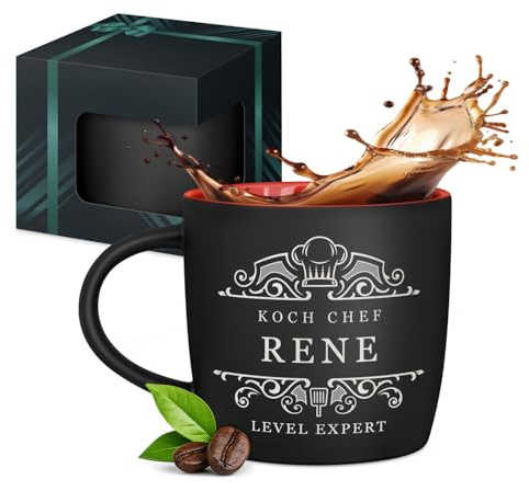 Maverton Keramik Kaffeetasse 400ml mit Gravur - personalisierter Kaffeebecher aus Matt Keramik mit Henkel - Trinkbecher für Männer zum Geburtstag zu Weihnachten - matt schwarz - Innen rot - Koch