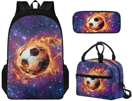 xixirimido Schulrucksack für Kinder, 43,2 cm, Büchertasche, Lunchbox, Federmäppchen, Galaxy Soccer, Einheitsgröße, Lässiger Tagesrucksack