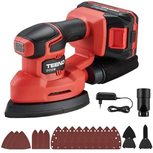 TEENO Ponceuse multifonction sans fil 3-en-1, 20V Ponceuse Delta avec 2A Batterie, 13000 tr/min Ponceuse de détail avec sac de Collecte de Poussière, 15 Feuilles de Papier Abrasif, 140x96.6mm
