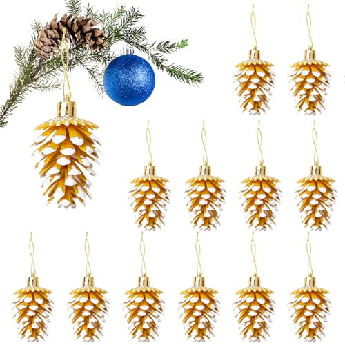 HERZONE 12pcs Weihnachtsbaumanhänger Tannenzapfen Anhänger Pinienzapfen anhänger,Zapfen Deko zum Anhängen (Gold(zapfen))