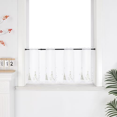 Joyswahl Scheibengardine Voile Bistrogardinen durch Lochleiste Transparent Kurzstores mit Weihnachten Muster Weihnachtsgardine mit goldenes Weihnachtsbaum-Muster HxB 45x90cm 1er Pack