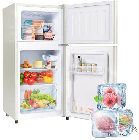 Merax 60L Kühlschrank,Mini-Kühlschrank mit Gefrierschrank,22L Gefriervolumen, 38L Kühlvolumen, E-Klasse, 102 kWh/Jahr, LED-Licht Cremeweiß