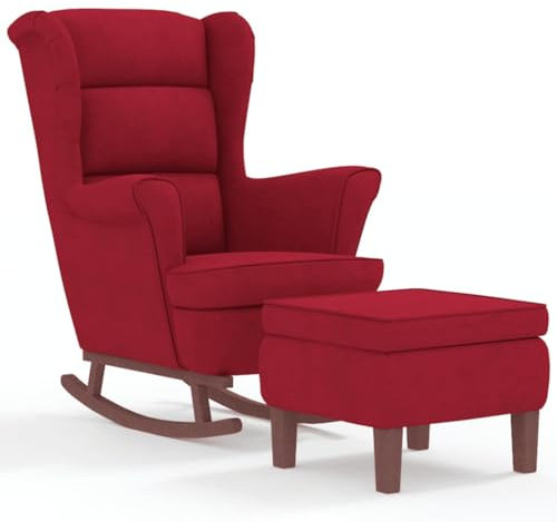Hommdiy Schaukelsessel und Hocker mit Holzbeinen Samt,Sessel mit Hocker, Relaxsessel, Relaxstuhl,Schaukelsessel, Relaxsessel mit Hocker,Stuhl Weinrot,Mit Fußablage