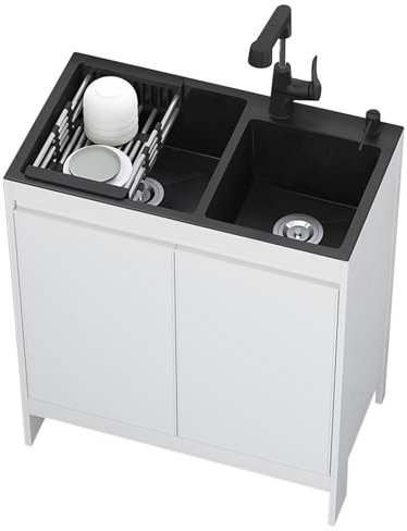Evier Inox de Cuisine 2 Bac Lavabo Multifonction Extérieur Meuble avec Robinet et Accessoires Évier de Jardin Restaurant Commercial Plonge Inox pour Cuisine Restaurant Garage(80x45x79cm)