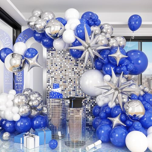 HILAVO Blue White Silver Balloon Arch Kit with Explosion Star 4D Silver Foil Balloons Royal Blue Metallic Silver White Balloon Garland for Blue 2025 Graduation Decoration Birthday Baby Shower Party