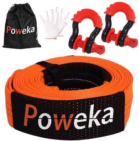 Heavy Duty Tow Rope with Hooks, 7.5CM*6M Tow Straps with 2pcs D-ring Shakles and 2pcs Gloves by Poweka (7.5CM*6M)
