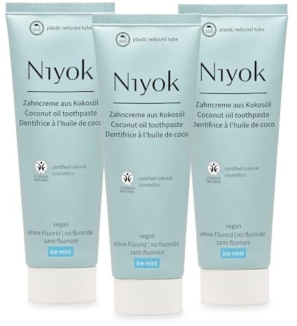 Niyok Zahncreme Eisminze 3 x 75 ml mit Bio-Kokosöl | Fluoridfreie Zahnpasta mit Bio-Kokosöl, Xylit und Kreide für ein frisches Mundgefühl