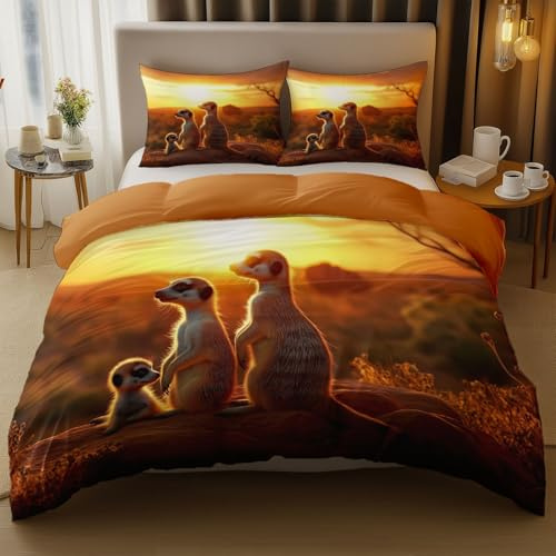 Bettwäsche Reversibel 135 x 200 cm für Kinder Teens Mädchen, Tiere Erdmännchen Sonnenuntergang Thema Bettwäsche Set 100% Mikrofaser Betten Set, Bügelfrei Knitterfrei mit Reißverschluss Braun Orange