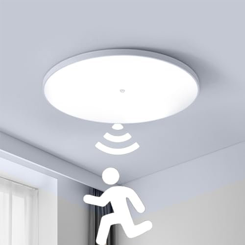 18W LED Ceiling Light with Motion Sensor, 1800LM Flush Mount Fixture, Cool White 6000K Modern Round Lamp for Bathroom, Kitchen, Bedroom, Hallway, Balcony (White, 40W)