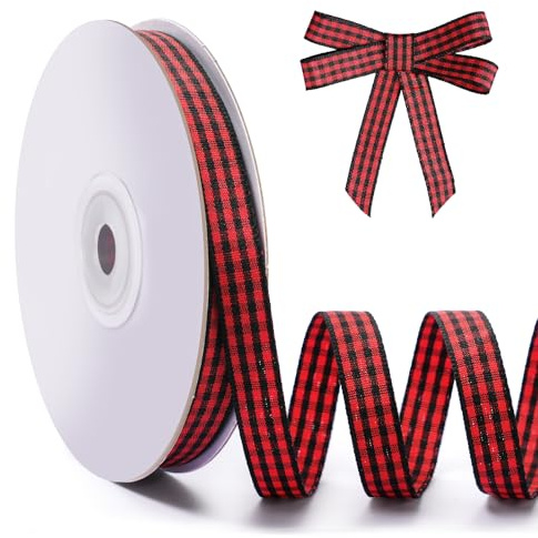 FAKILO Schleifenband Schwarzes Gingham-Band 10mm x 22m Geschenkband Schwarz-Rotes Büffelkariertes Kariertes Band für Weihnachten, Geschenkverpackungen, DIY Basteln