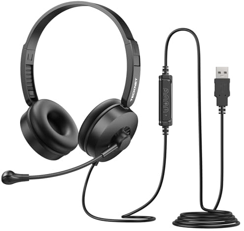 TECKNET USB Headset with Microphone On-Ear Design, PC Headset 2.0 m Cable, In-line Volume & Mute Control, USB-A Plug & Play Wired Headsets with Microphone for PC/Laptop Home Office Teams Zoom