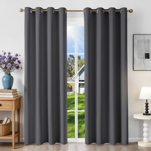 Runyéla Verdunklungsvorhänge mit Ösen Gardinen, Thermovorhang Hitzeschutz | 2er Set, H200xB140 Dunkelgrau Vorhang Blickdicht, UV-Schutz Sichtschutz Schalldämmung Blackout für Schlafzimmer Wohnzimmer