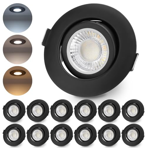 LED Einbaustrahler 230V Dimmbar Schwarz Ultra Flach LED Spots 5W IP44 Bad Einbauleuchten Schwenkbar Deckenspots,Warmweiß Neutralweiß Kaltweiß für Badezimmer Küche Wohnzimmer,12er Set