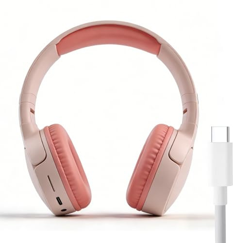 Ouitble Over-Ear Bluetooth Headphones, HiFi Stereo Bluetooth 5.3 Wireless Headphones with 3.5 mm Connection Support Memory Card for Travel, Home, Office, Mobile Phone, PC (Pink)