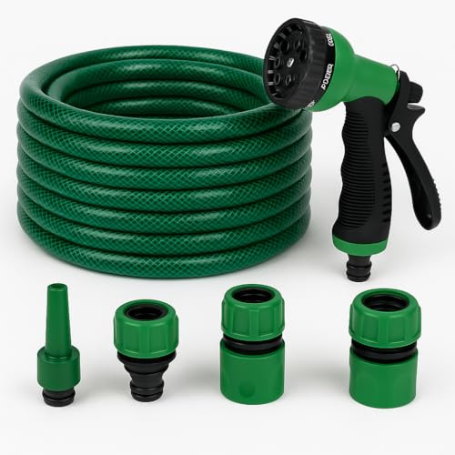 Kit Tubo da Giardino 25 m – 5/8” Rinforzato Antitorsione con Pistola Multigetto e 2 Raccordi in Plastica Universali – Irrigazione Piante, Orto, Fiori – LEMAG SRL