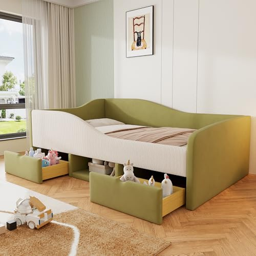 Arhatreya Polsterbett 90x190 cm, Kinderbett mit Schubladen, Einzelbett mit Zäunen, Sofabett Bettgestell mit Lattenrost, Bett für Jungen Mädchen Schlafzimmer (Ohne Matratze) Samt Grün
