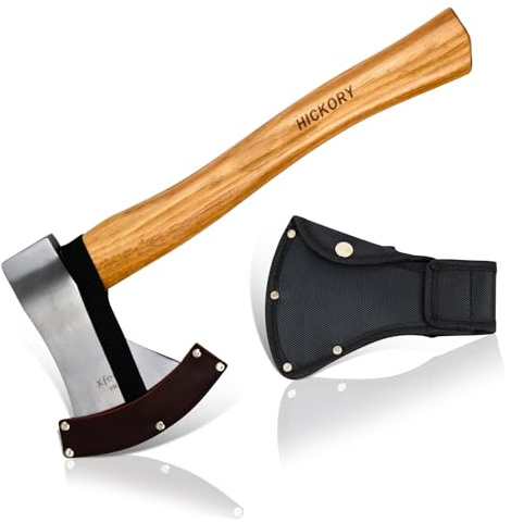 Xforst Hache X-UW800 – Hache 800 g en Acier au Carbone Forgé avec Manche en Bois de Hickory – Inclut 2 Protège-Lames (Cuir PU + Tissu Oxford avec Passant de Ceinture) – Conforme DIN 5131 / TÜV GS