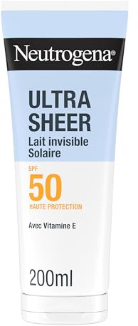 Neutrogena – Lait Solaire Invisible Ultra Sheer SPF 50 UVB + UVA (200 mL) – Crème solaire visage et corps antioxydante – Sec au toucher, absorption rapide, résiste bien à la transpiration et à l’eau