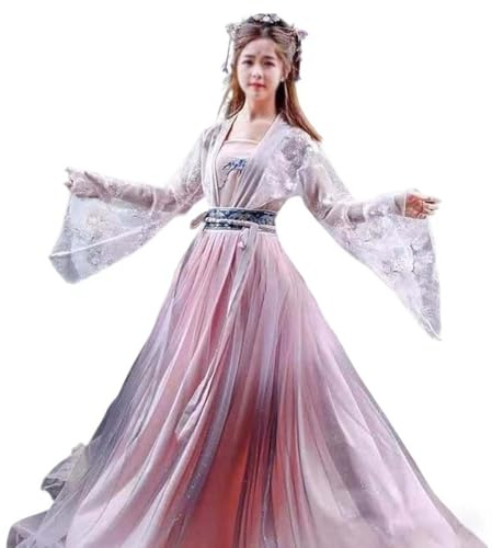 QIeCny Hanfu Traditionnel Chinois (150-176 Cm), Robe Hanfu Fluide pour Femme, Brodée, Manches Larges, Haut/Bretelles/Jupe,M,Pink