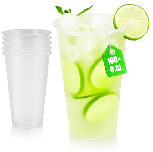 KUOGAS 100 Stück 0,5 L Plastikbecher - Stapelbare, Plastikbecher Mehrweg | Hartplastik Becher, geeignet für Cocktails, Bier und andere Getränke, für Partys und die Gastronomie