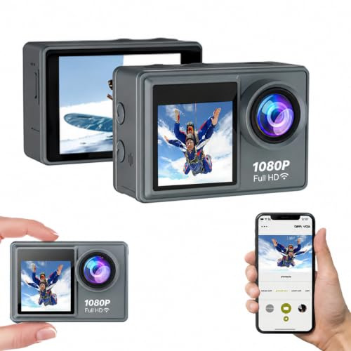 Lumelia Danxon Action Kamera 1080P 30fps, 50MP Action Cam mit Dual Display, EIS Stabilisierung, 30m Wasserdicht, WLAN App Steuerung, Mikrofon & Zubehör (grau)