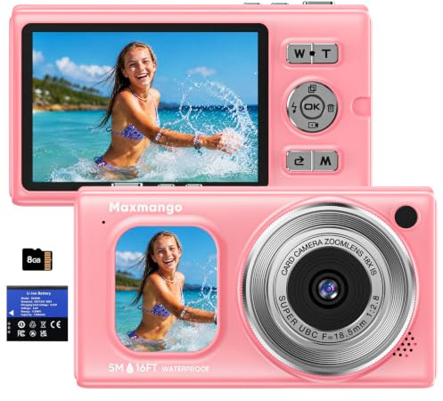 16FT Cámara Subacuática Impermeable 4K 48MP con Batería Extraíble 1500mAh | Maxmango D71 Cámara Digital con Doble Pantalla, Zoom 18X, Autofocus, Diseño Flotante para Snorkel, Surf y Natación, Rosa(8GB)