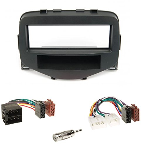 Einbauset: Autoradio 1-DIN Radio Blende Radioblende + Fach anthrazit + ISO Adapter Radioadapter Radioanschlusskabel + Antennenadapter für Toyota Aygo/Citroen C1 (P) / Peugeot 108 ab 07/2014