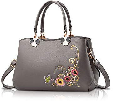 NICOLE&DORIS Handtaschen Damen Mode Schultertasche Geldbörse Retro Umhängetasche Frau Tote Stickerei Graue blume