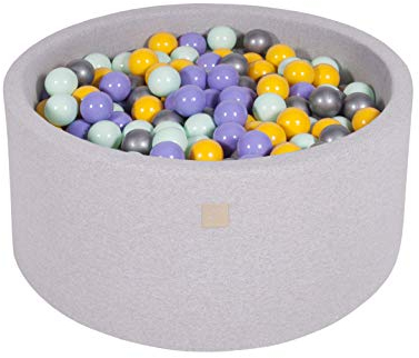 MEOWBABY Piscina de Bolas 90X40cm/300 Bolas ∅ 7Cm Piscina de Bolas Certificada para Niños Hecha en EU Gris Claro: Violeta/Amarillo/Menta/Plateado