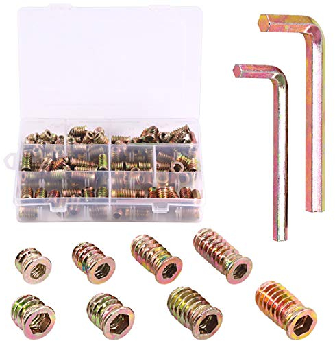 Keadic Lot de 120 inserts d'écrou 1/4-20 5/16-18 avec outil hexagonal interne M6 M8, vis de meuble filetée, inserts en bois, connecteur de fixation à vis hexagonale pour meubles en bois